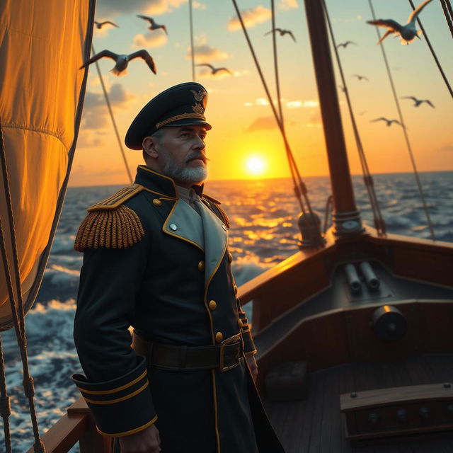 A heroic captain standing on the deck of a majestic ship, dressed in a classic naval uniform with gold epaulettes and a tricorn hat