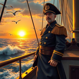 A heroic captain standing on the deck of a majestic ship, dressed in a classic naval uniform with gold epaulettes and a tricorn hat