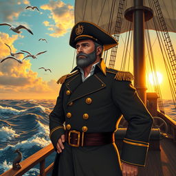 A heroic captain standing on the deck of a majestic ship, dressed in a classic naval uniform with gold epaulettes and a tricorn hat