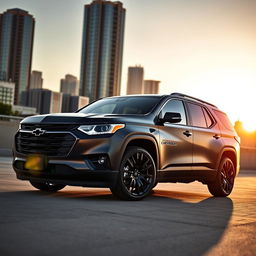 A sleek black matte 2025 Chevrolet Traverse RS parked in an urban setting, showcasing its bold lines and modern design