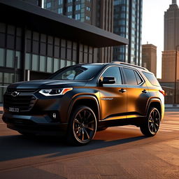 A sleek black matte 2025 Chevrolet Traverse RS parked in an urban setting, showcasing its bold lines and modern design