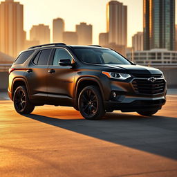 A sleek black matte 2025 Chevrolet Traverse RS parked in an urban setting, showcasing its bold lines and modern design