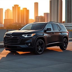 A sleek black matte 2025 Chevrolet Traverse RS parked in an urban setting, showcasing its bold lines and modern design