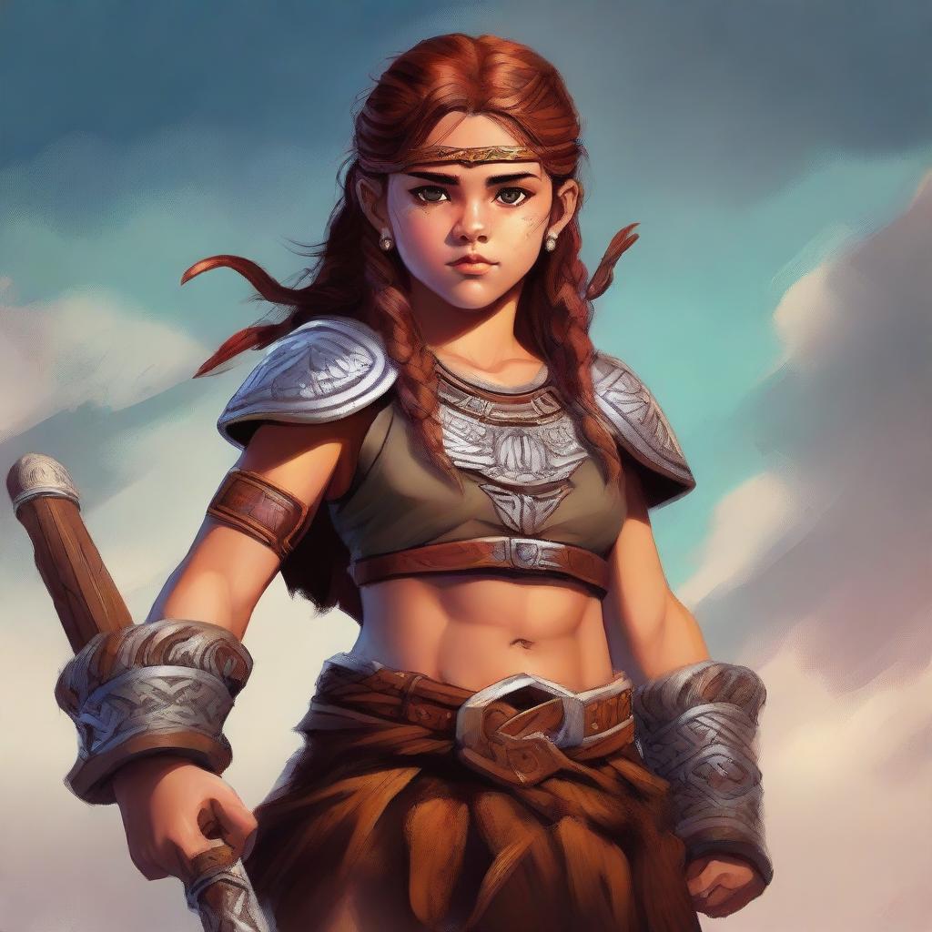 A high-quality digital art piece depicting a young girl dressed in traditional barbarian attire