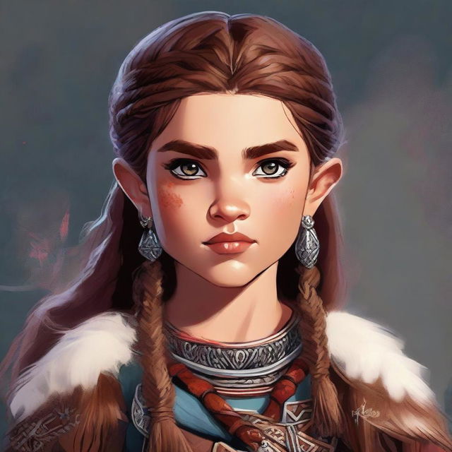 A high-quality digital art piece depicting a young girl dressed in traditional barbarian attire