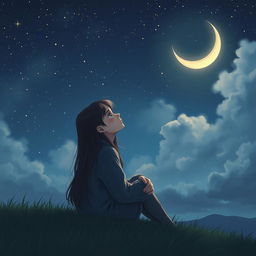 A melancholic scene featuring a sad girl gazing up at a vast night sky filled with twinkling stars and a shimmering crescent moon
