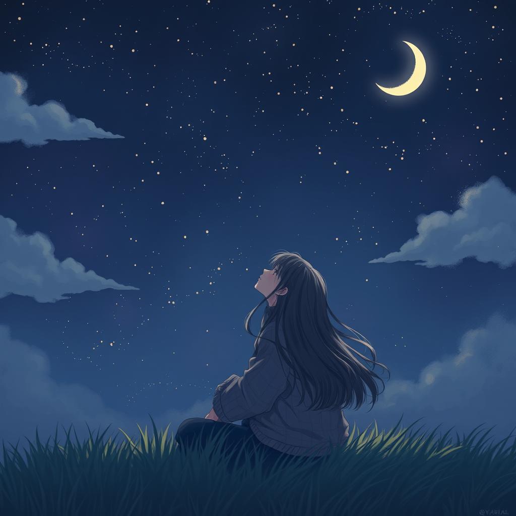 A melancholic scene featuring a sad girl gazing up at a vast night sky filled with twinkling stars and a shimmering crescent moon