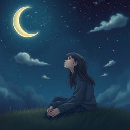 A melancholic scene featuring a sad girl gazing up at a vast night sky filled with twinkling stars and a shimmering crescent moon