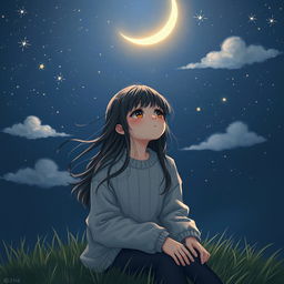A melancholic scene featuring a sad girl gazing up at a vast night sky filled with twinkling stars and a shimmering crescent moon