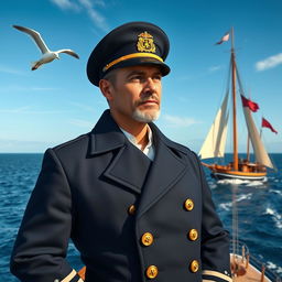 A commanding and charismatic ship captain standing confidently on the deck of a majestic sailing ship