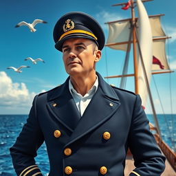 A commanding and charismatic ship captain standing confidently on the deck of a majestic sailing ship