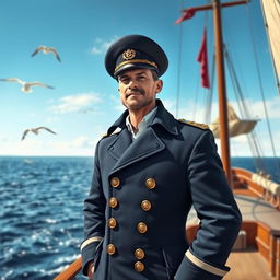 A commanding and charismatic ship captain standing confidently on the deck of a majestic sailing ship