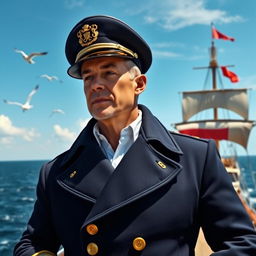 A commanding and charismatic ship captain standing confidently on the deck of a majestic sailing ship