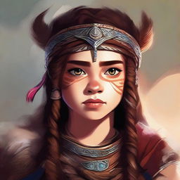 A high-quality digital art piece depicting a young girl dressed in traditional barbarian attire