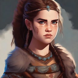 A high-quality digital art piece depicting a young girl dressed in traditional barbarian attire