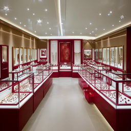 A neatly organized interior of a 10 feet by 20 feet jewellery shop, filled with gleaming displays of various jewels and accessories.