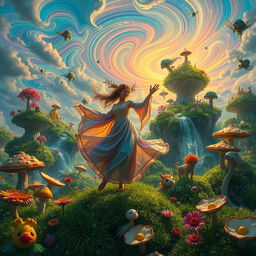 A surreal experience featuring a vibrant, dream-like landscape filled with fantastical creatures