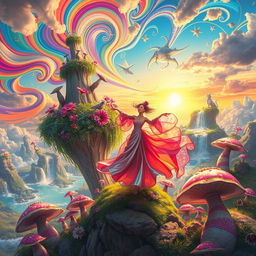 A surreal experience featuring a vibrant, dream-like landscape filled with fantastical creatures