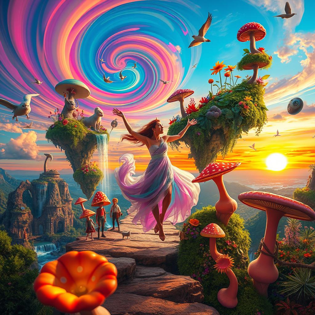 A surreal experience featuring a vibrant, dream-like landscape filled with fantastical creatures