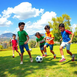 A vibrant scene depicting a group of Iranian teenagers engaged in various sports activities