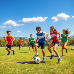 A vibrant scene depicting a group of Iranian teenagers engaged in various sports activities