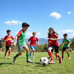 A vibrant scene depicting a group of Iranian teenagers engaged in various sports activities