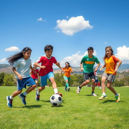 A vibrant scene depicting a group of Iranian teenagers engaged in various sports activities