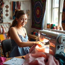 A young woman focused on sewing, sitting at a sewing machine surrounded by colorful fabrics and sewing tools