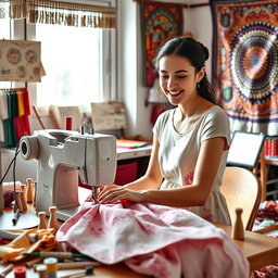 A young woman focused on sewing, sitting at a sewing machine surrounded by colorful fabrics and sewing tools