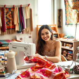 A young woman focused on sewing, sitting at a sewing machine surrounded by colorful fabrics and sewing tools