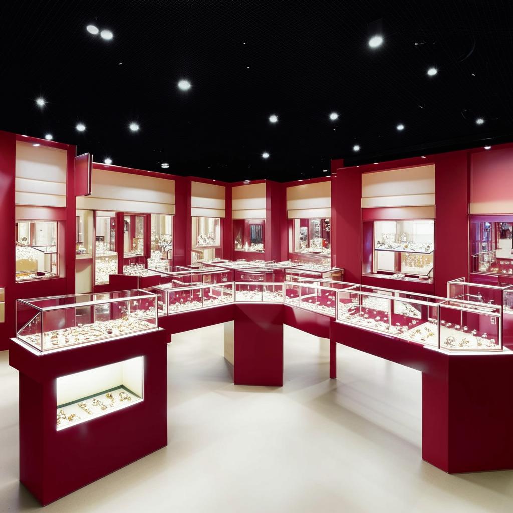 A neatly organized interior of a 10 feet by 20 feet jewellery shop, filled with gleaming displays of various jewels and accessories.