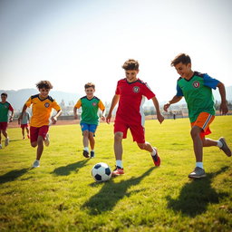 A dynamic scene of a group of Iranian teenagers playing football on a sunlit grassy field