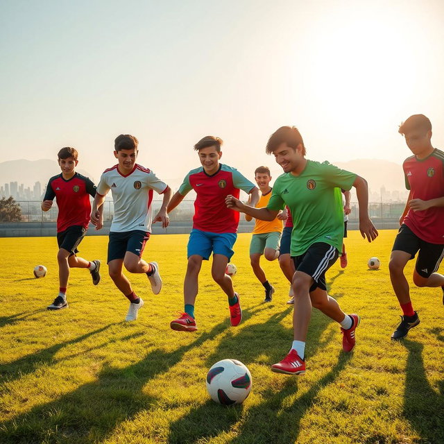 A dynamic scene of a group of Iranian teenagers playing football on a sunlit grassy field