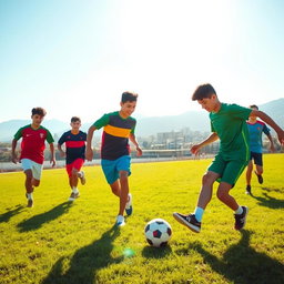 A dynamic scene of a group of Iranian teenagers playing football on a sunlit grassy field