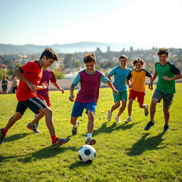 A dynamic scene of a group of Iranian teenagers playing football on a sunlit grassy field