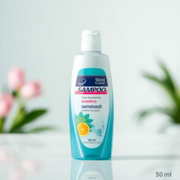 A close-up shot of a shampoo bottle, specifically focusing on the 50 ml size
