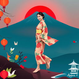 A graceful lady dressed in a traditional Japanese yukata walking barefoot on one side of Mount Fuji during a picturesque red sunrise