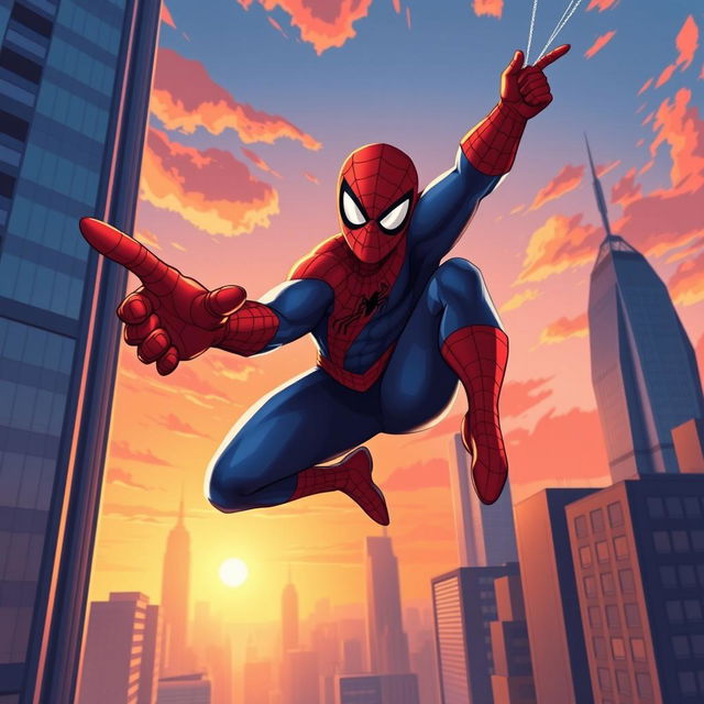 A dynamic illustration of Spiderman swinging through the city skyline