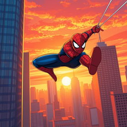 A dynamic illustration of Spiderman swinging through the city skyline
