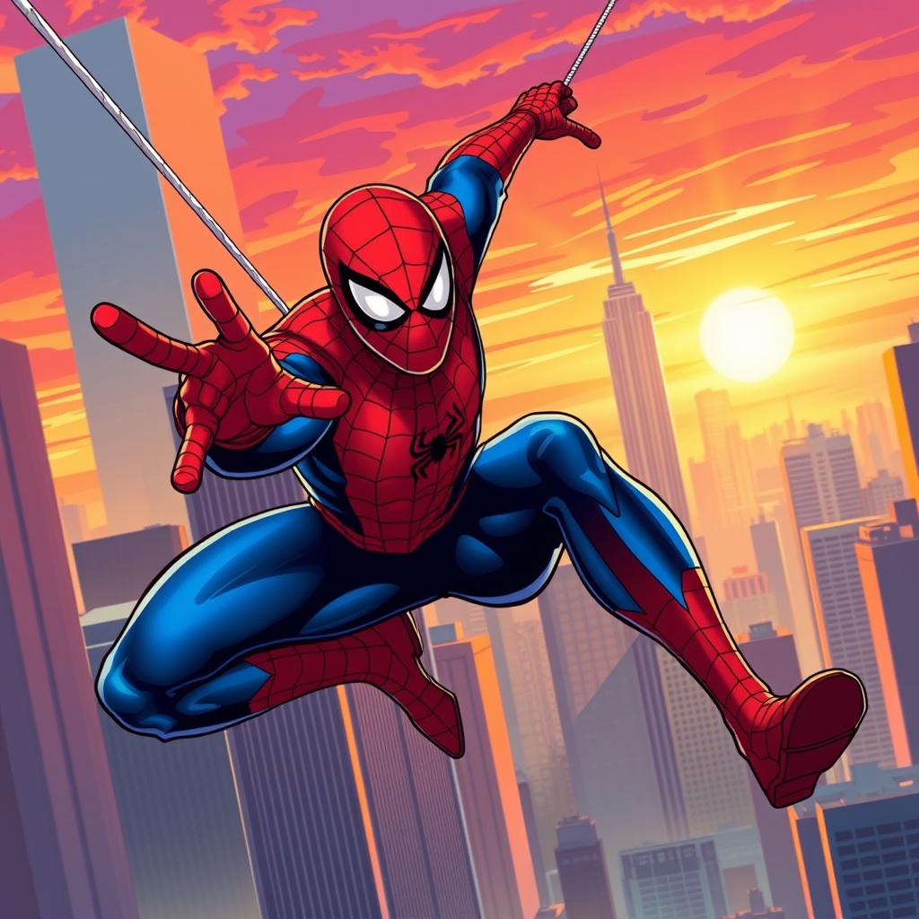 A dynamic illustration of Spiderman swinging through the city skyline