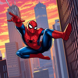 A dynamic illustration of Spiderman swinging through the city skyline