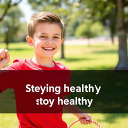 A young boy with a joyful expression exercising outdoors, engaging in an energetic activity such as jumping rope or playing soccer, showcasing enthusiasm for fitness and health