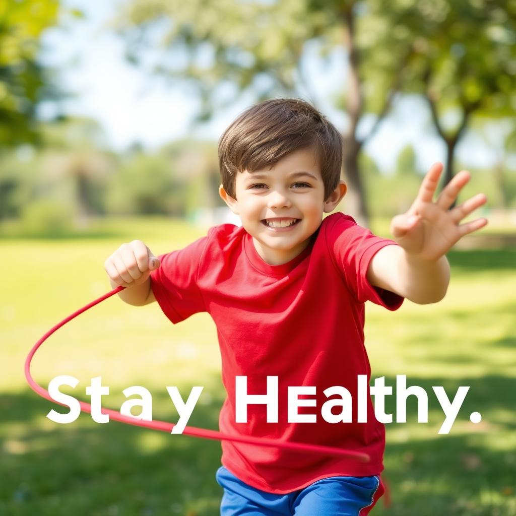 A young boy with a joyful expression exercising outdoors, engaging in an energetic activity such as jumping rope or playing soccer, showcasing enthusiasm for fitness and health