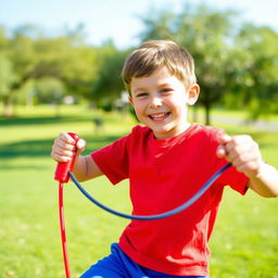 A young boy with a joyful expression exercising outdoors, engaging in an energetic activity such as jumping rope or playing soccer, showcasing enthusiasm for fitness and health