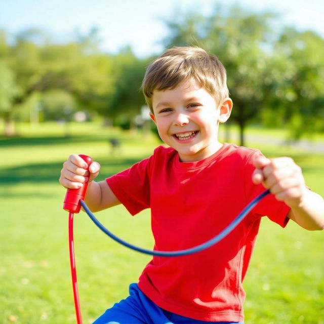 A young boy with a joyful expression exercising outdoors, engaging in an energetic activity such as jumping rope or playing soccer, showcasing enthusiasm for fitness and health
