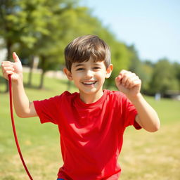 A young boy with a joyful expression exercising outdoors, engaging in an energetic activity such as jumping rope or playing soccer, showcasing enthusiasm for fitness and health