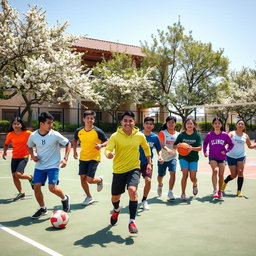A vibrant scene showcasing Iranian teenagers actively participating in various sports
