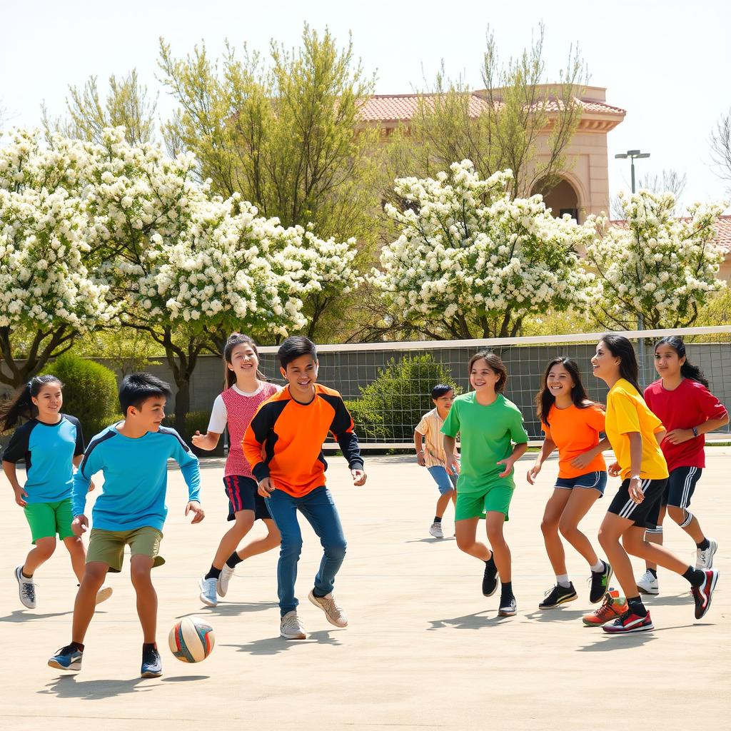 A vibrant scene showcasing Iranian teenagers actively participating in various sports