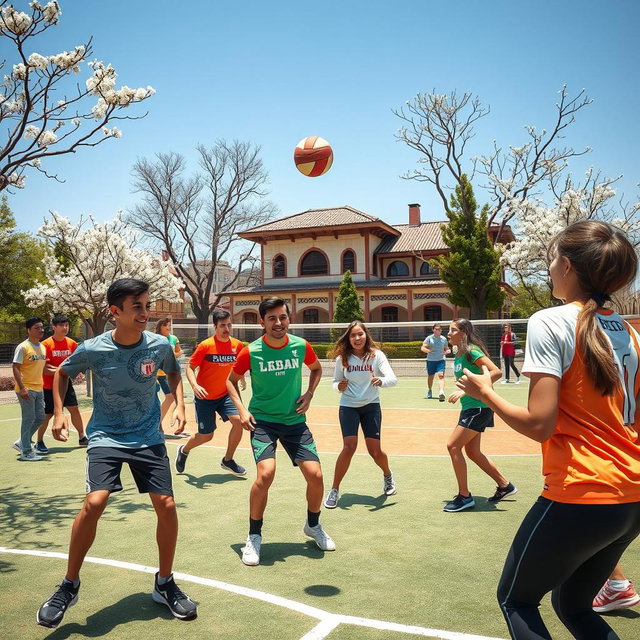 A vibrant scene showcasing Iranian teenagers actively participating in various sports