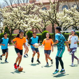 A vibrant scene showcasing Iranian teenagers actively participating in various sports